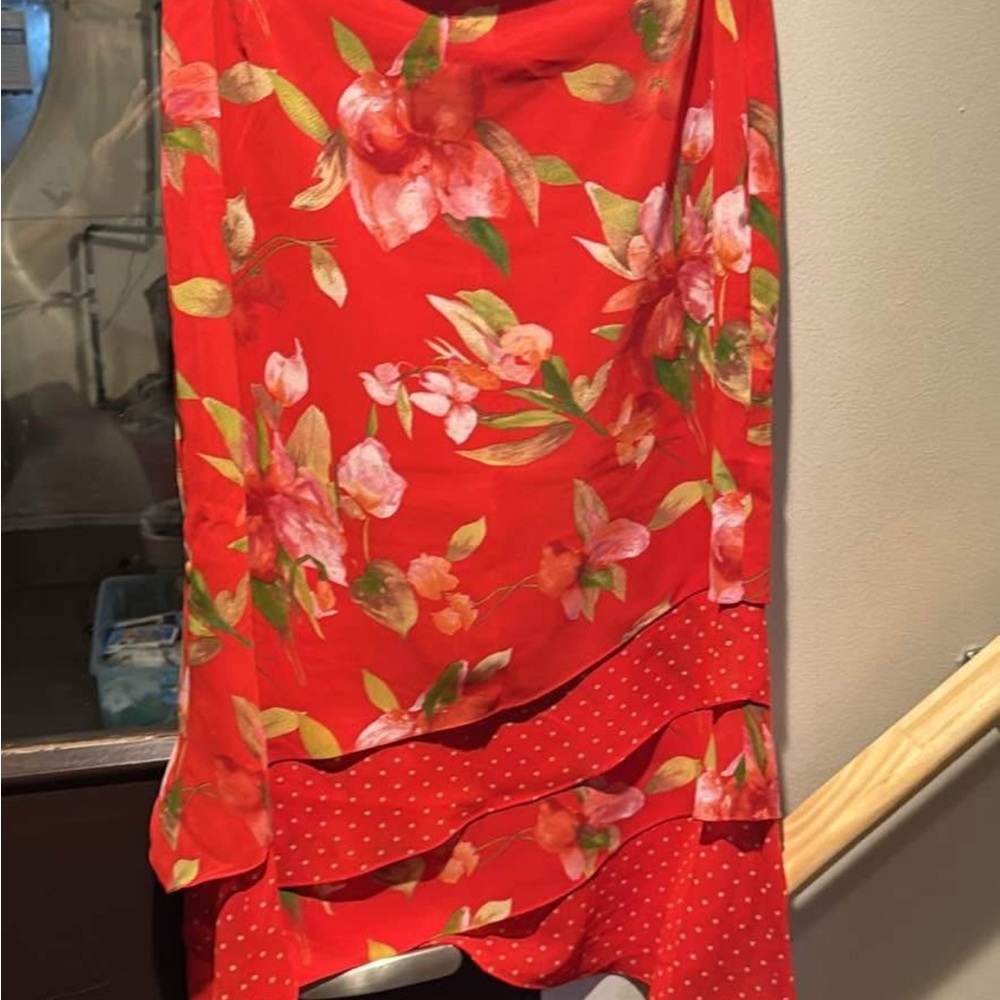 Red Ruffled Asymmetrical Midi Skirt